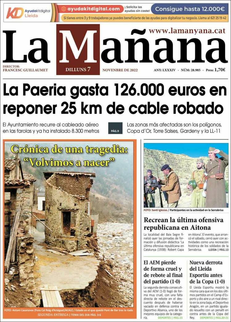 Portada de La Mañana - Diari de Ponent (Espagne)