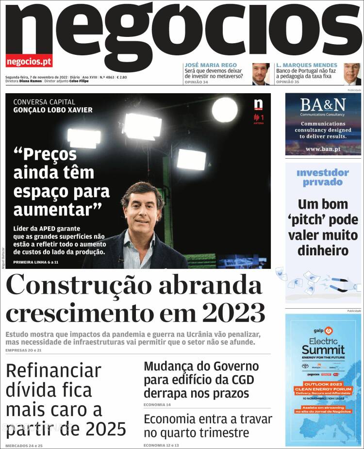 Portada de Jornal de Negócios (Portugal)