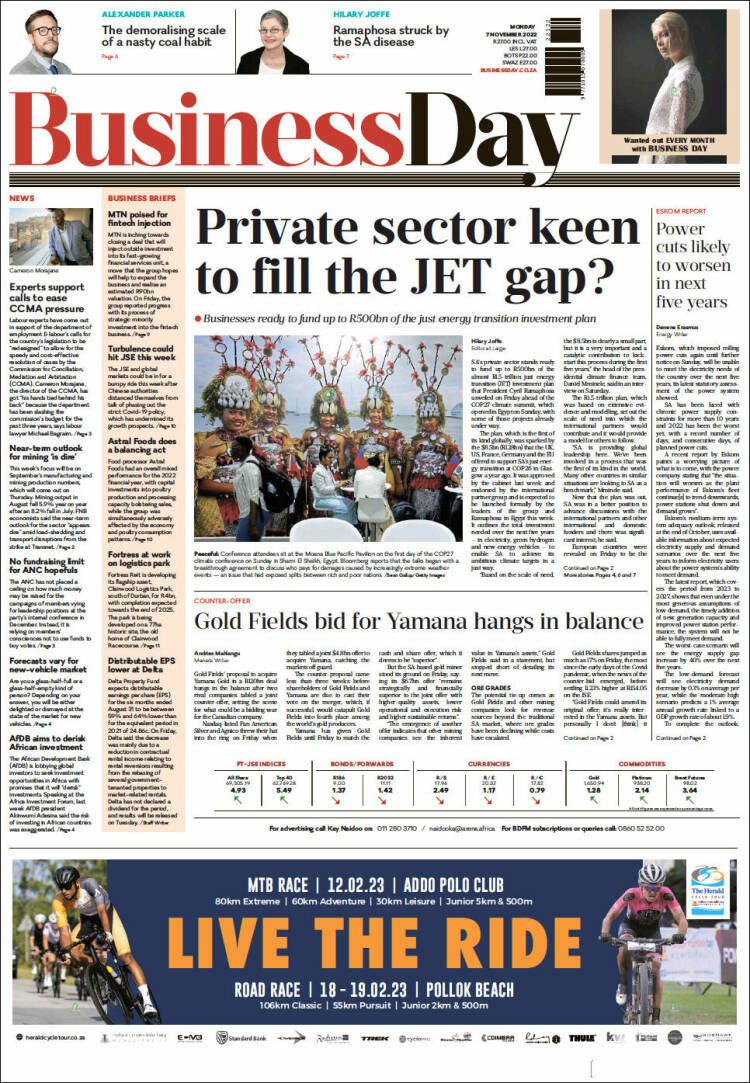 Portada de Business Day (Sud&aacute;frica)