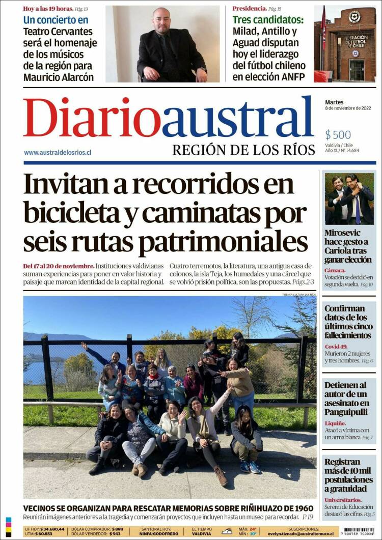 Portada de El Diario Austral de Valdivia (Chile)
