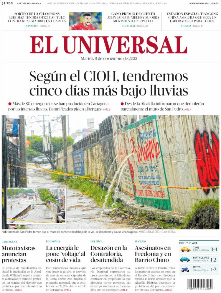 Portada de El Universal (Colombia)