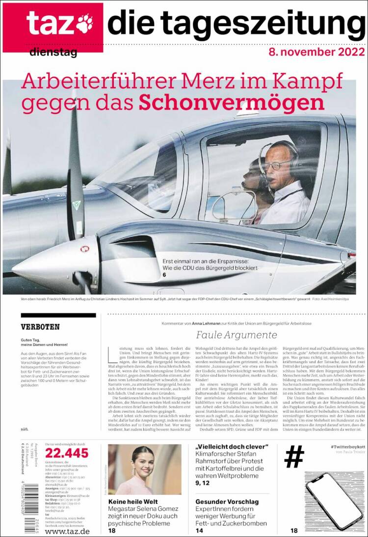 Portada de Die Tageszeitung (Alemania)