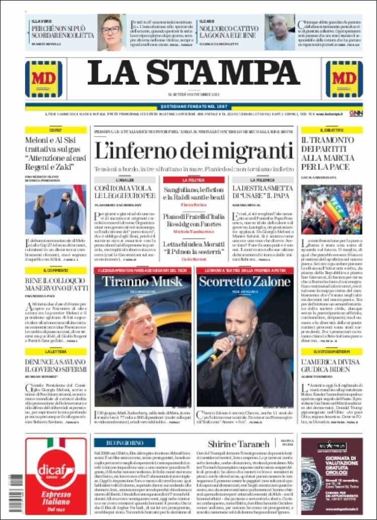 Portada de La Stampa (Italy)