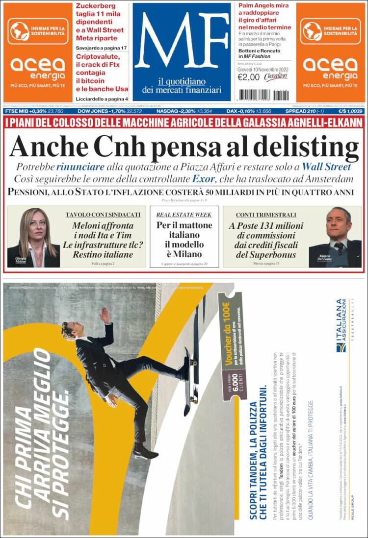 Portada de Milano Finanza (Italia)