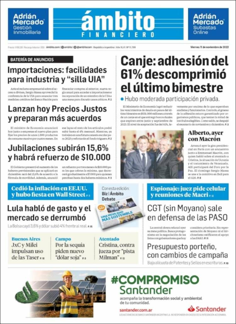 Portada de Diario Ambito Financiero (Argentina)