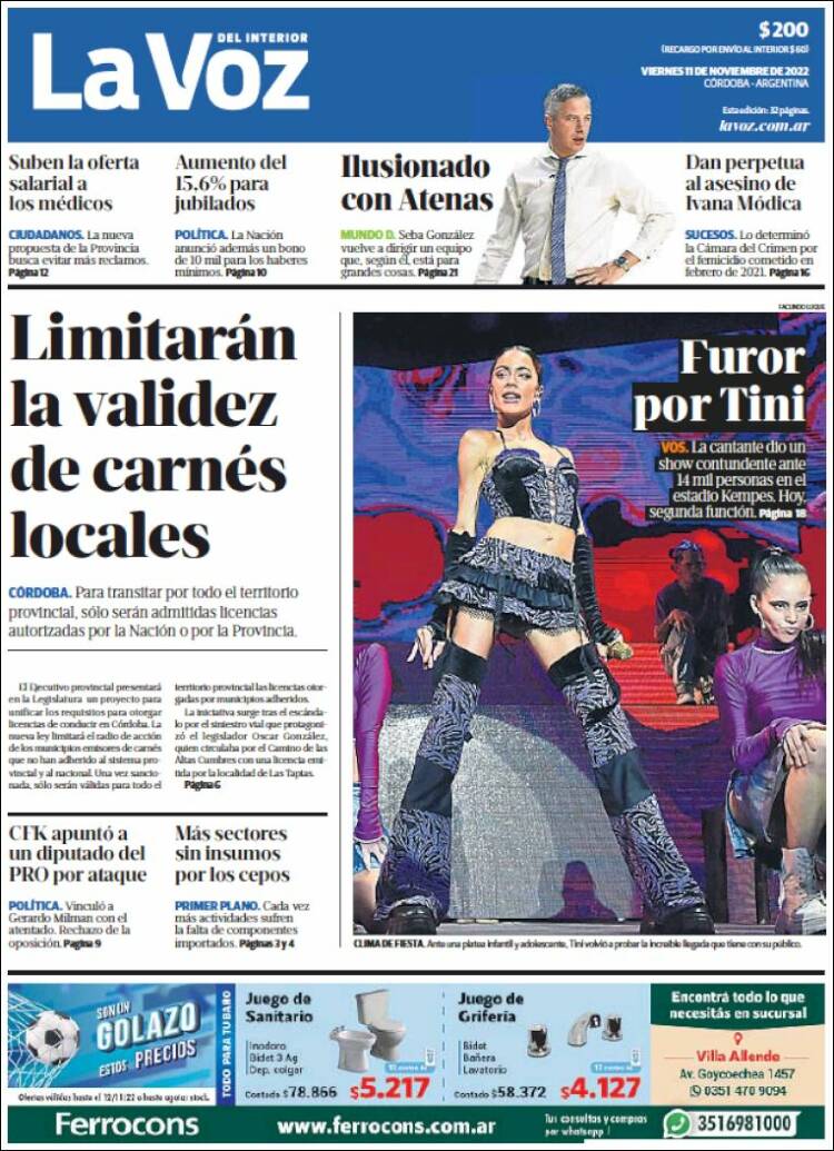 Portada de La Voz del Interior (Argentina)