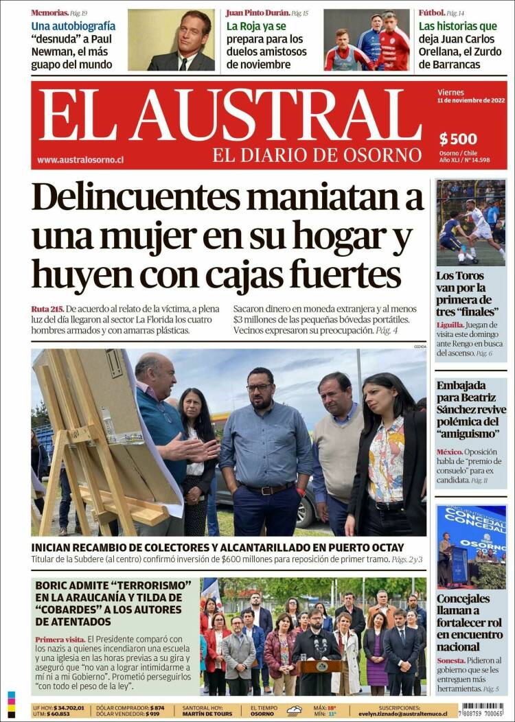 Portada de El Austral de Osorno (Chile)
