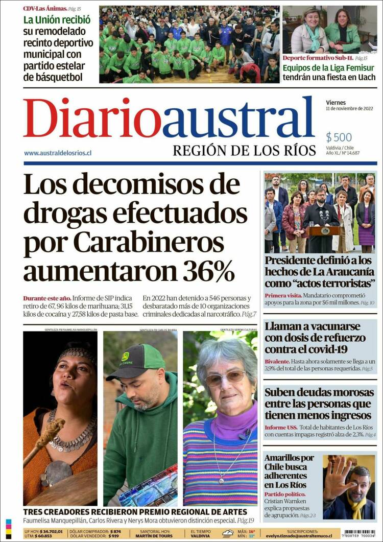Portada de El Diario Austral de Valdivia (Chile)