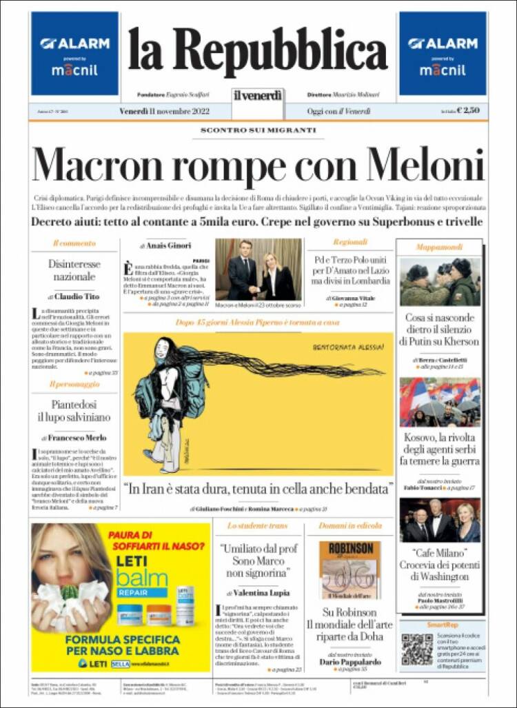 Portada de La Repubblica (Italia)