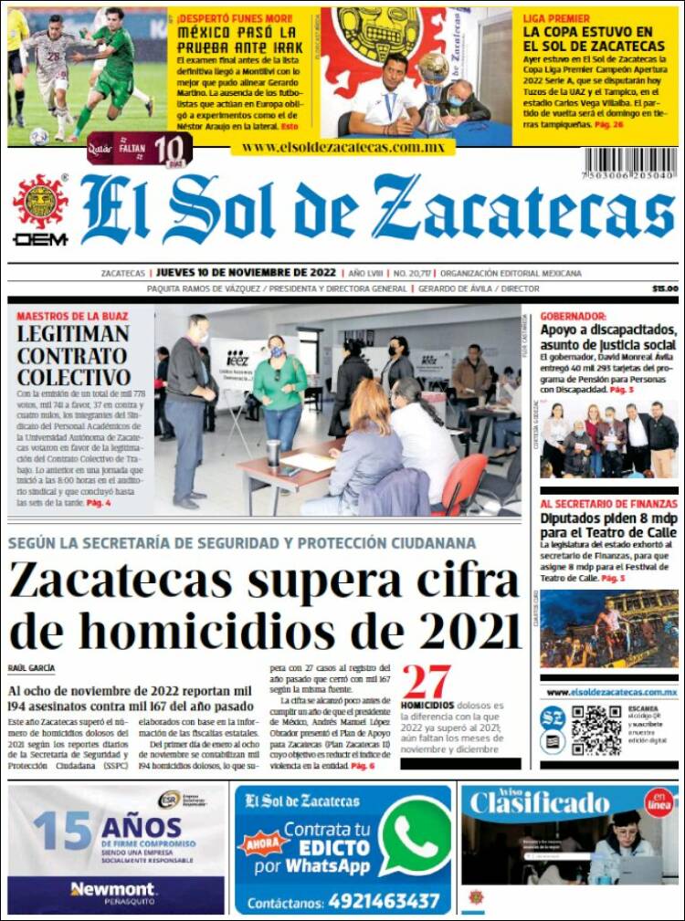 Portada de El Sol de Zacatecas (M&eacute;xico)
