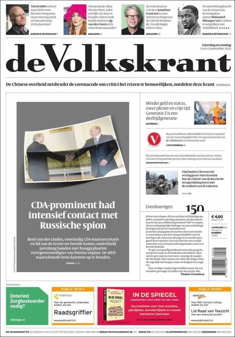 Portada de De Volkskrant (Pa&iacute;ses Bajos)