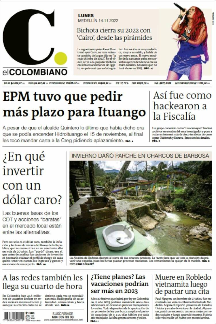 Portada de El Colombiano (Colombia)