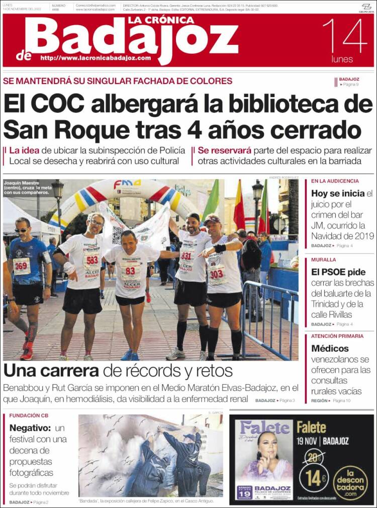 Portada de La Crónica de Badajoz (España)