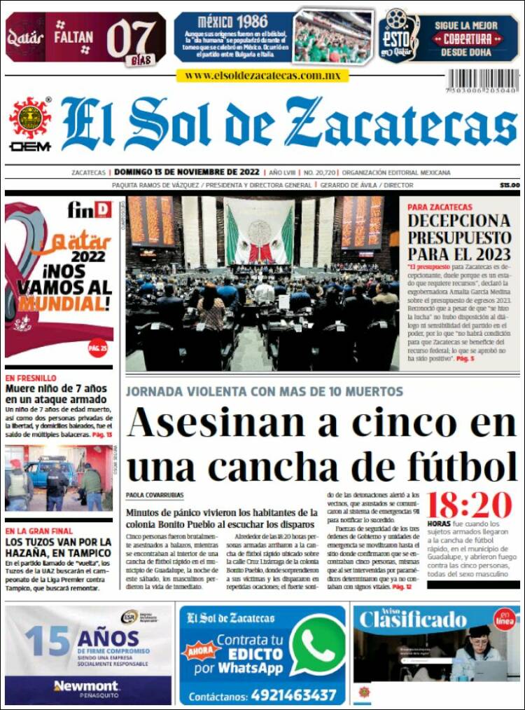 Portada de El Sol de Zacatecas (México)