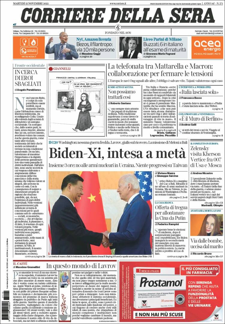 Portada de Corriere della Sera (Italia)