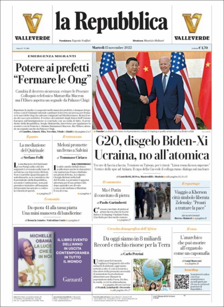 Portada de La Repubblica (Italia)