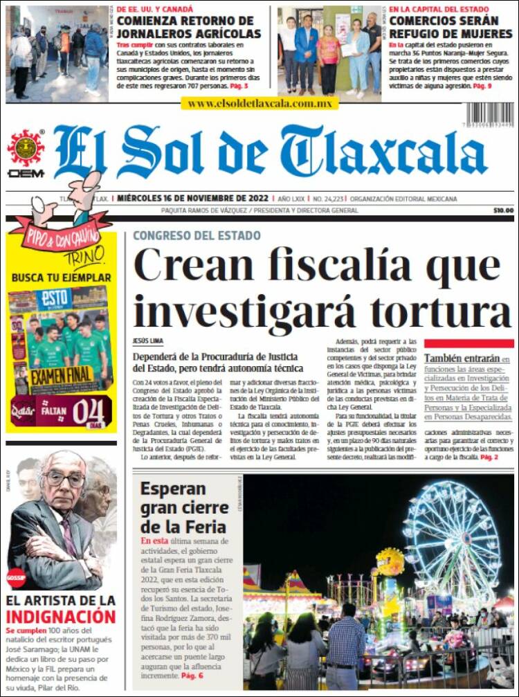 Portada de El Sol de Tlaxcala (México)