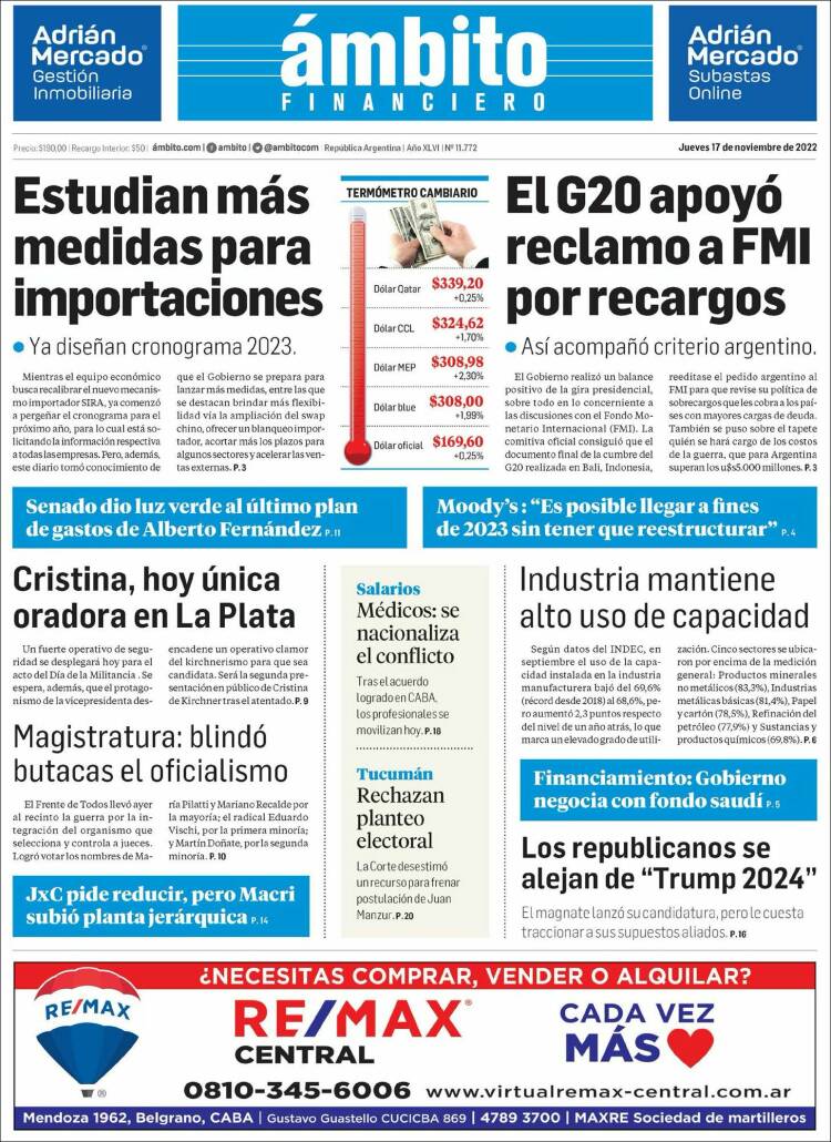 Portada de Diario Ambito Financiero (Argentina)