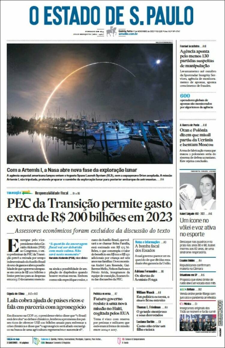 Portada de O Estado de São Paulo (Brasil)