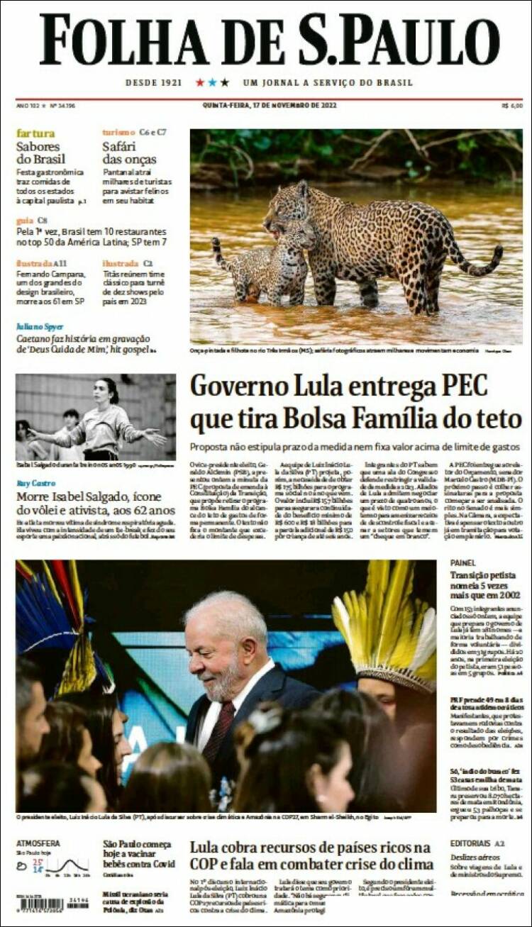Periódico Folha De São Paulo Brasil Periódicos De Brasil Edición De Jueves 17 De Noviembre 3619