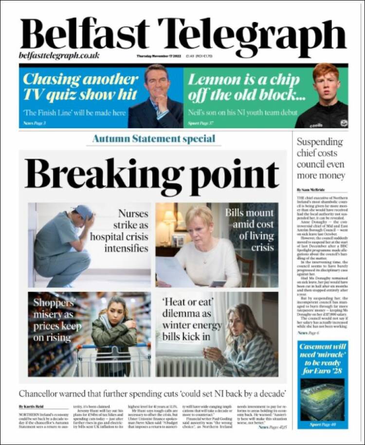 Portada de Belfast Telegraph (Reino Unido)