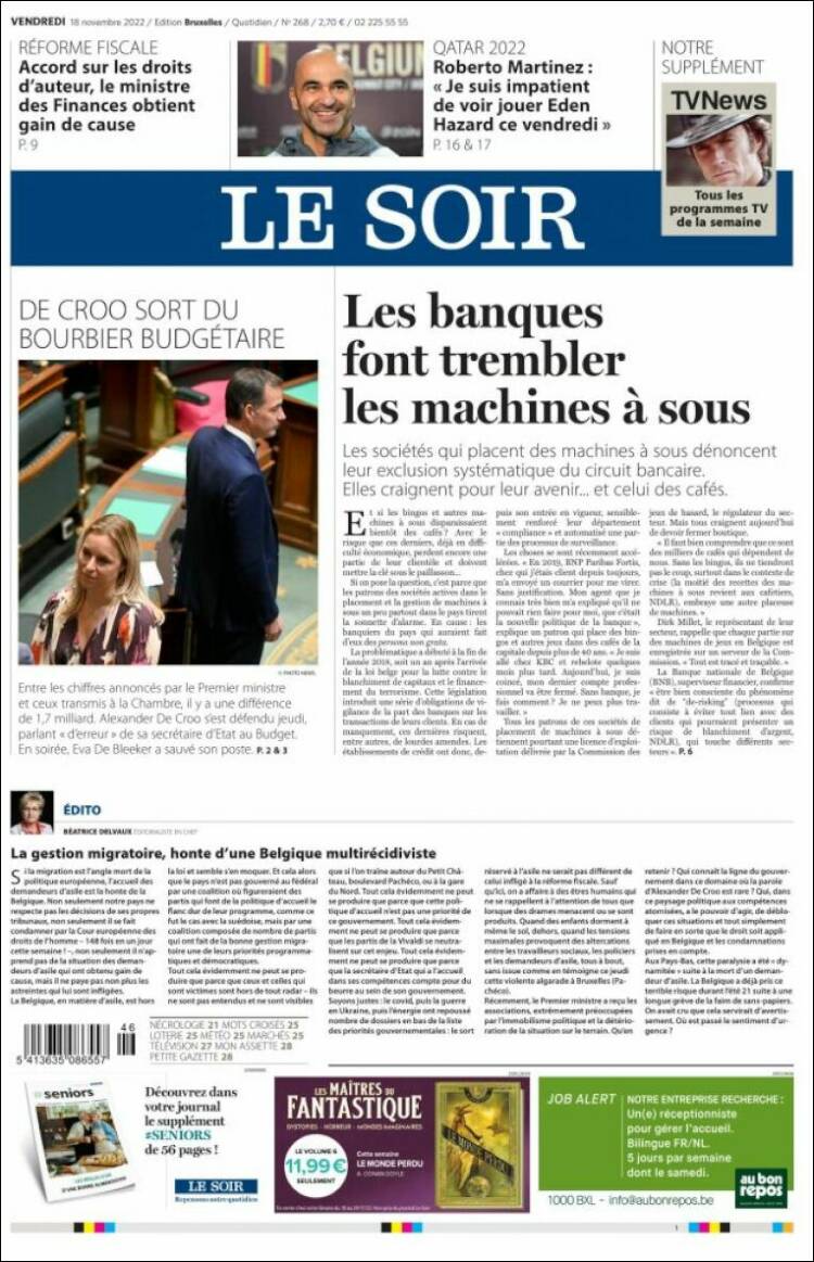 Portada de Le Soir (Belgique)