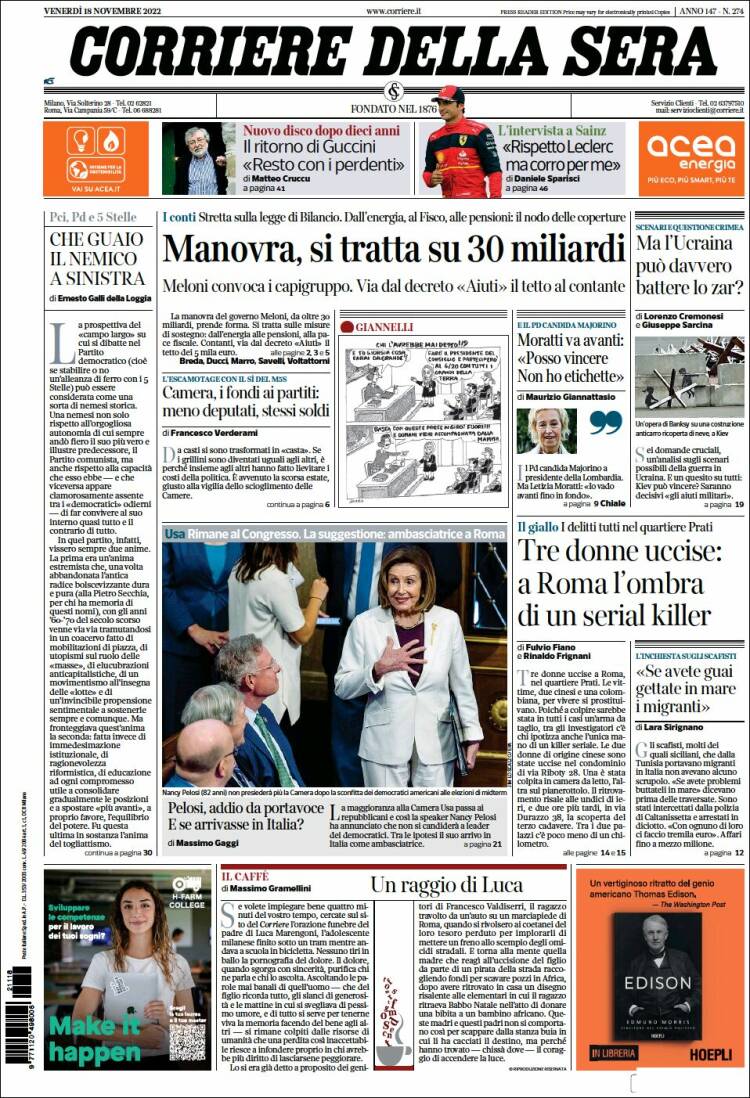 Portada de Corriere della Sera (Italia)