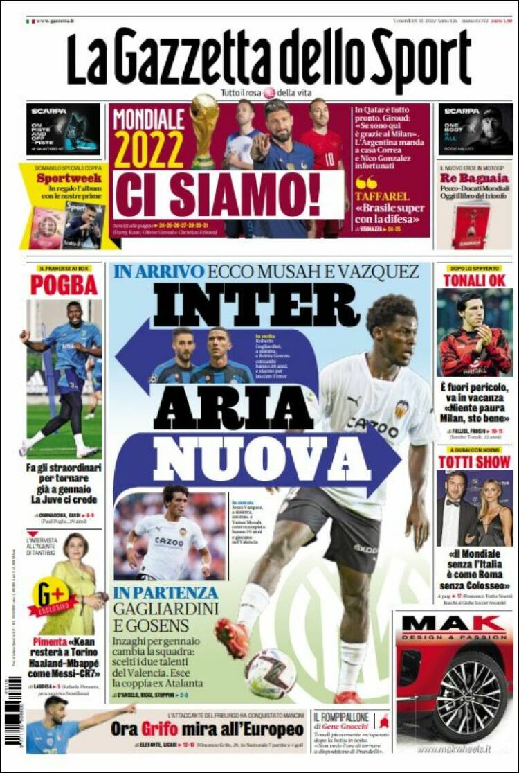 Portada de La Gazzetta dello Sport (Italia)