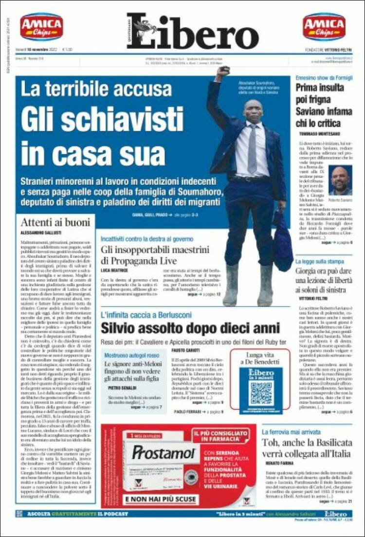 Newspaper Libero (italy). Newspapers In Italy. Friday's Edition 