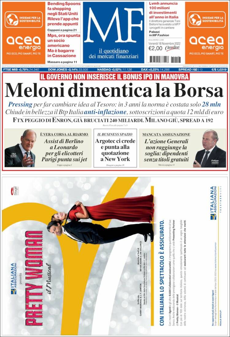 Portada de Milano Finanza (Italia)