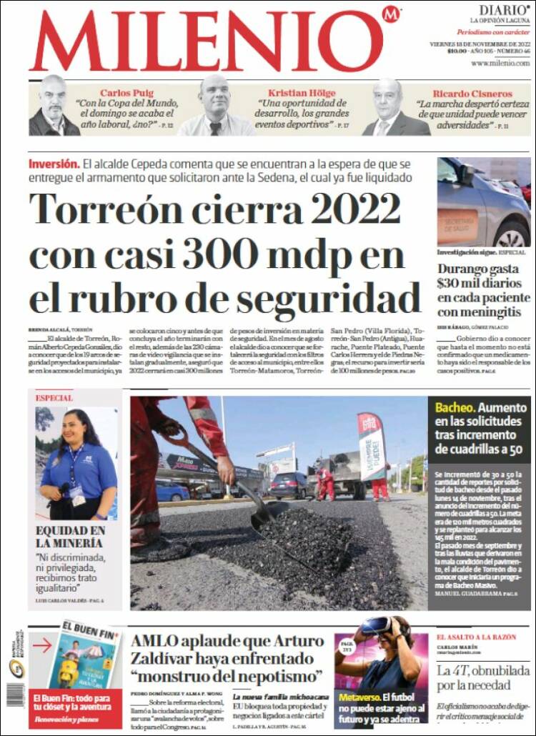 Portada de Milenio - Laguna (México)