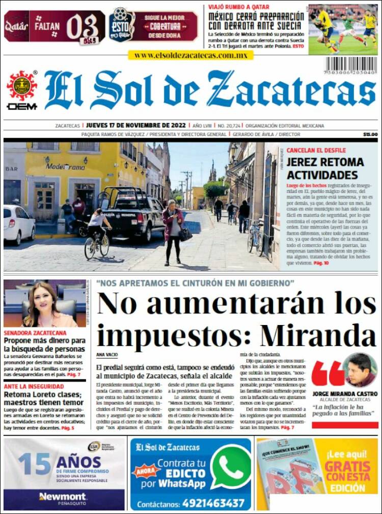 Portada de El Sol de Zacatecas (México)