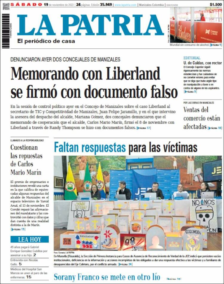 Portada de La Patria (Colombia)