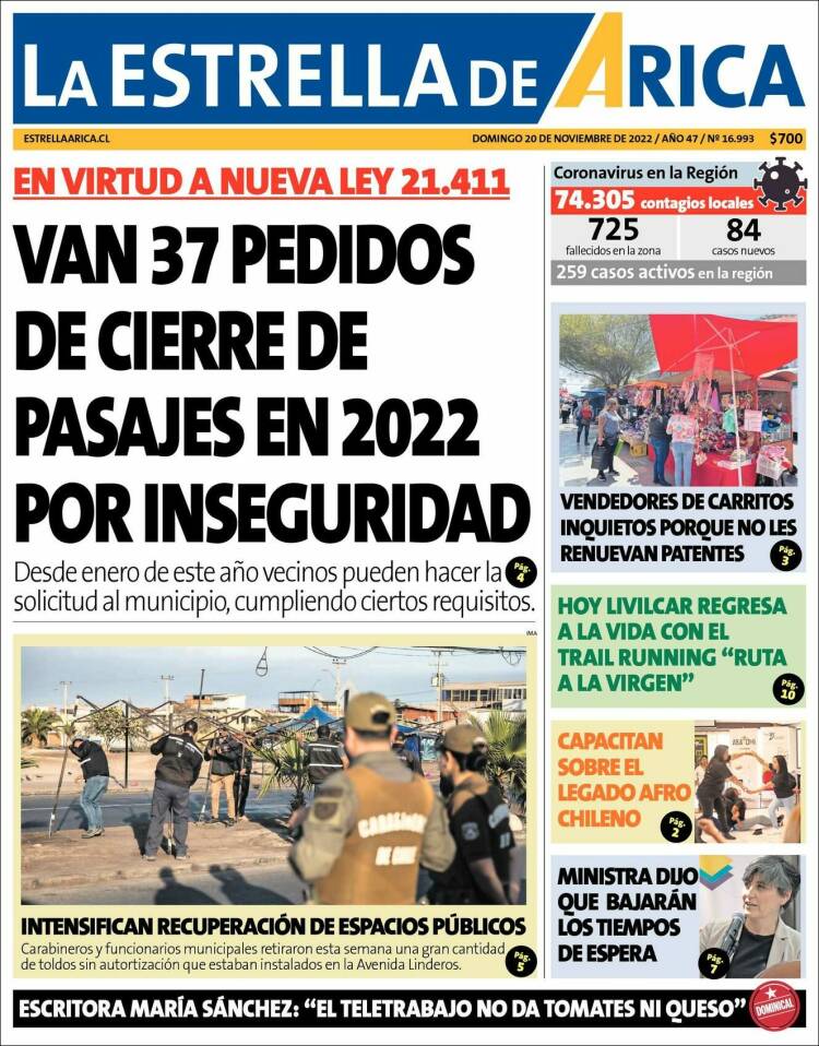 Portada de La Estrella de Arica (Chile)