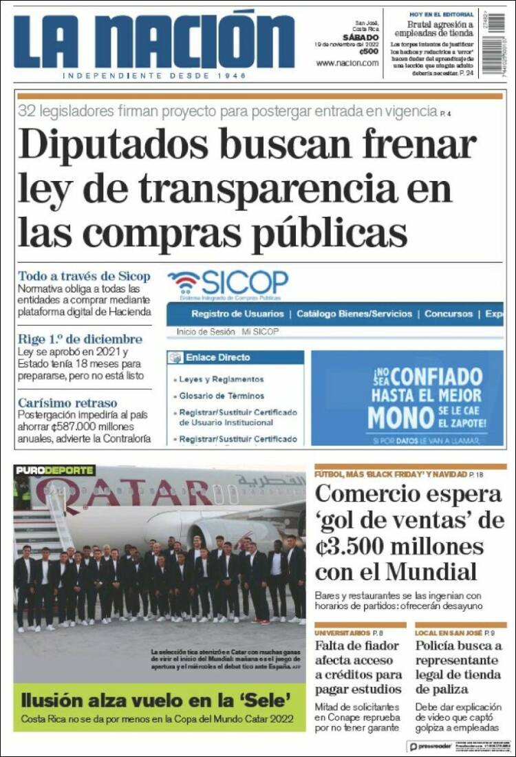 Portada de La Nación - Costa Rica (Costa Rica)