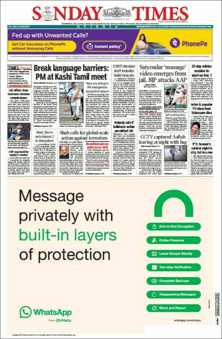 Portada de The Times of India (India)