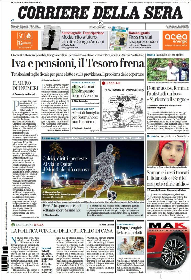 Portada de Corriere della Sera (Italia)
