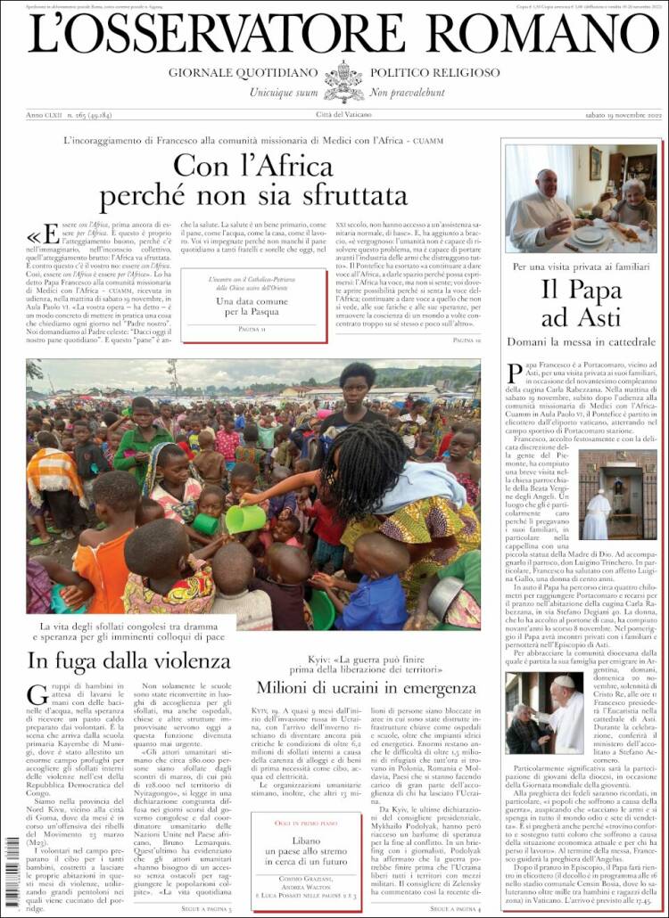 Portada de L'Osservatore Romano (Italia)