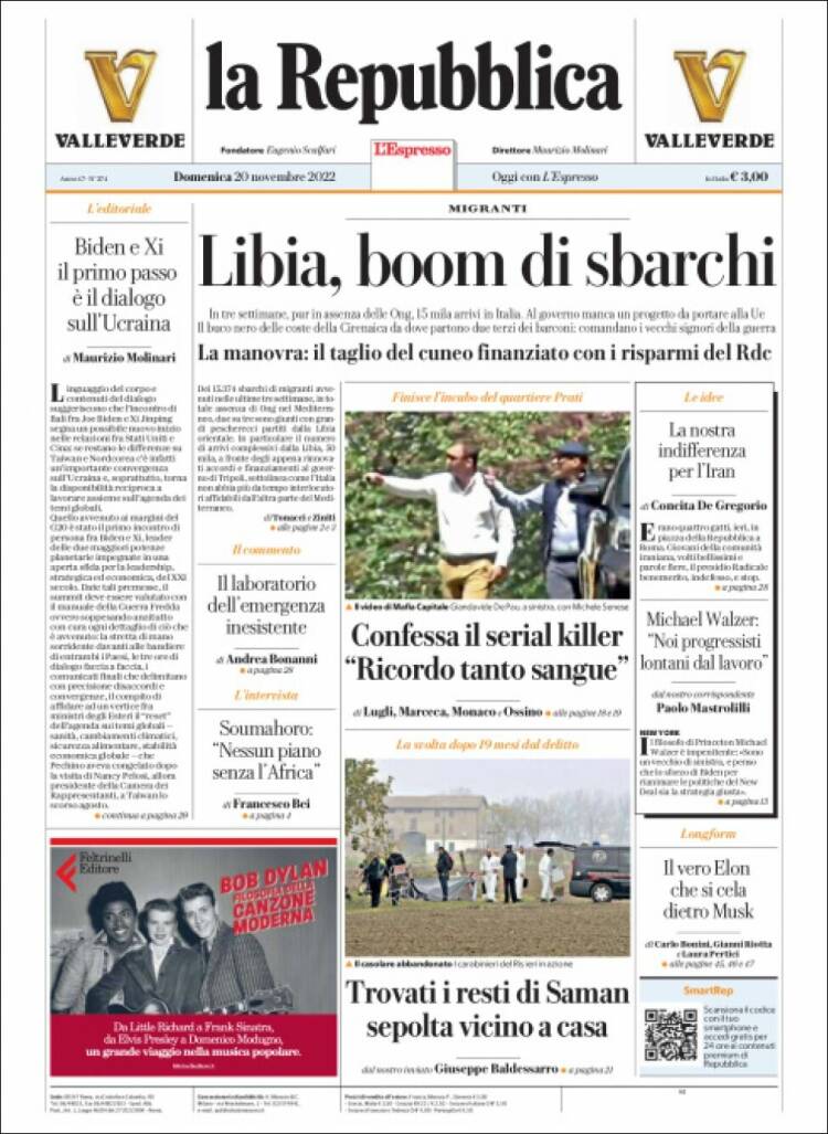 Portada de La Repubblica (Italia)