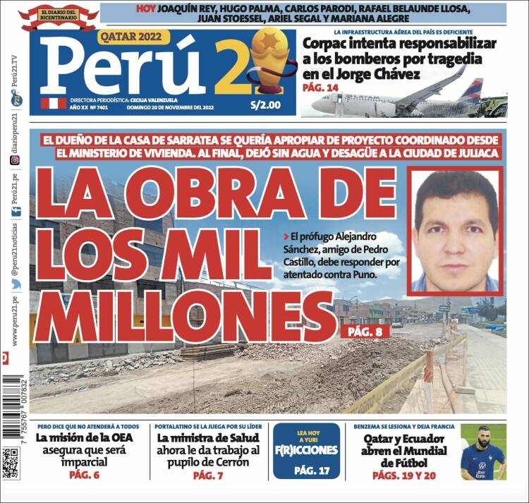 Portada de Perú 21 (Perú)