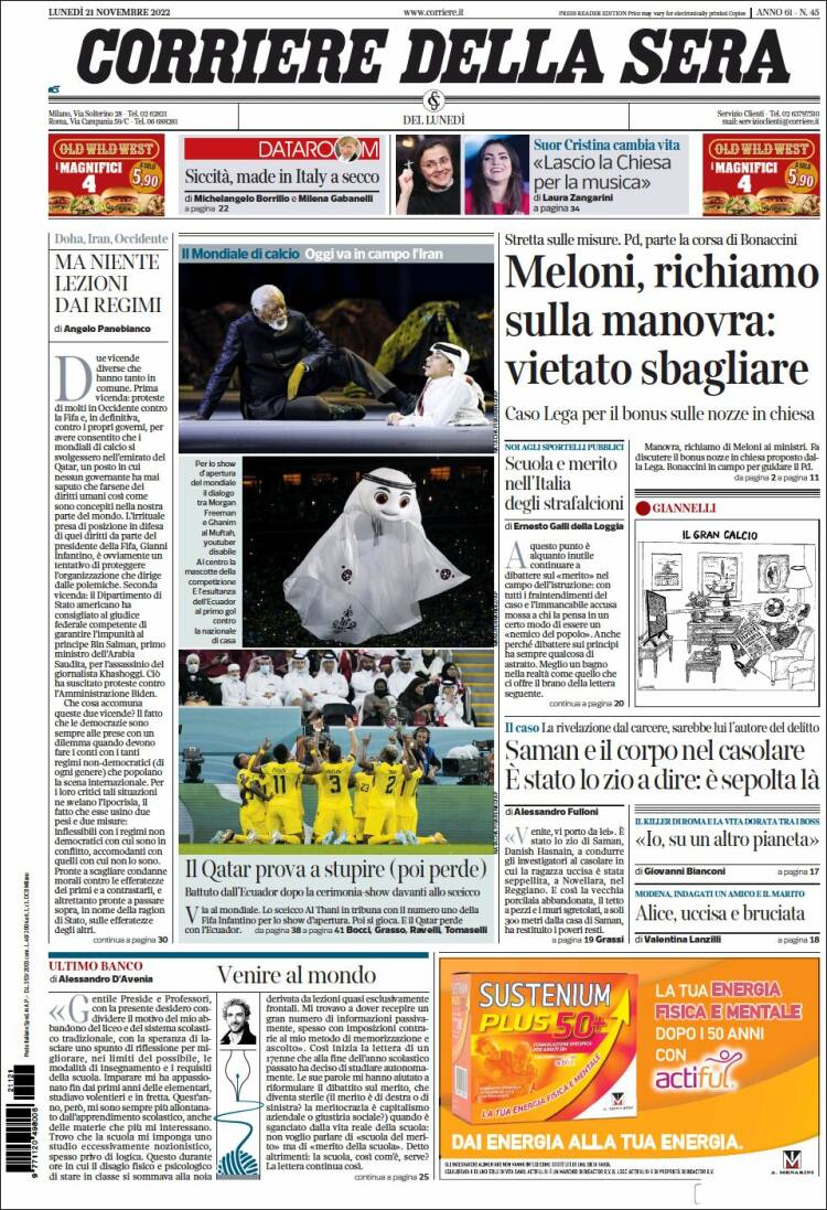 Portada de Corriere della Sera (Italia)