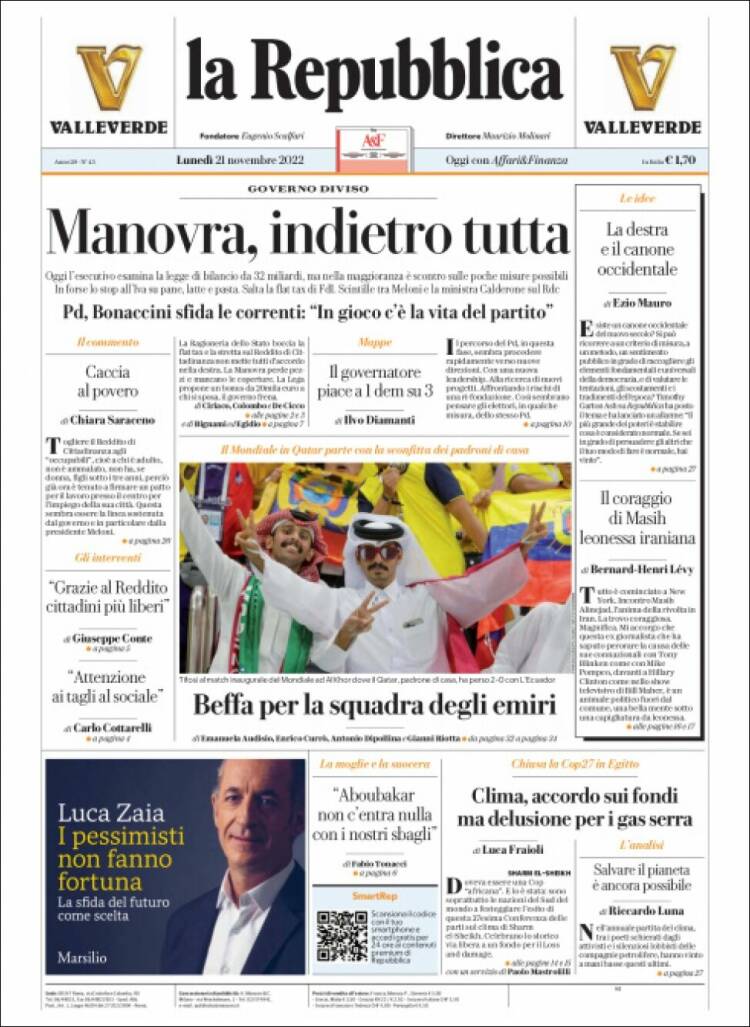 Portada de La Repubblica (Italia)