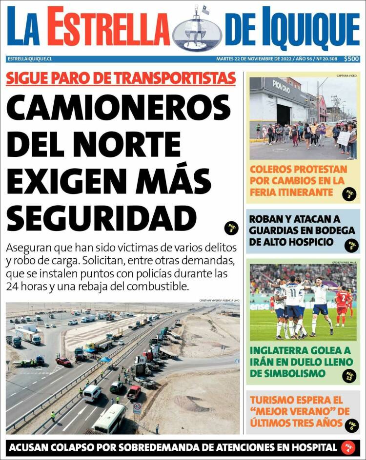 Portada de La Estrella de Iquique (Chile)