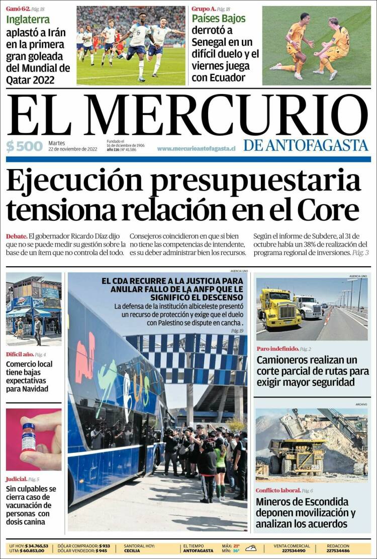 Portada de El Mercurio de Antofagasta (Chile)