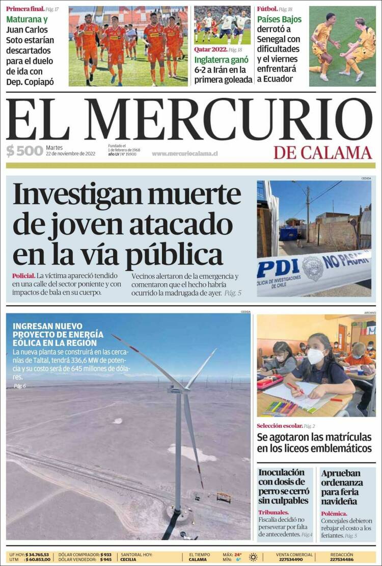 Portada de El Mercurio - Calama (Chile)