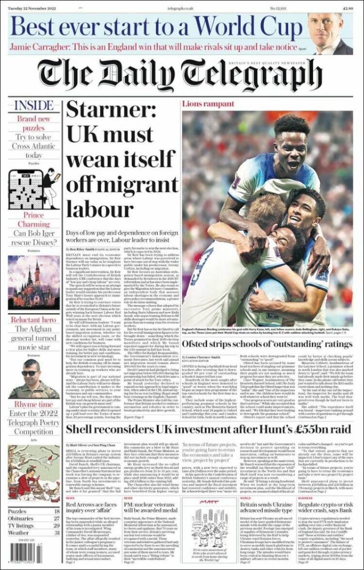 Portada de Daily Telegraph (Reino Unido)