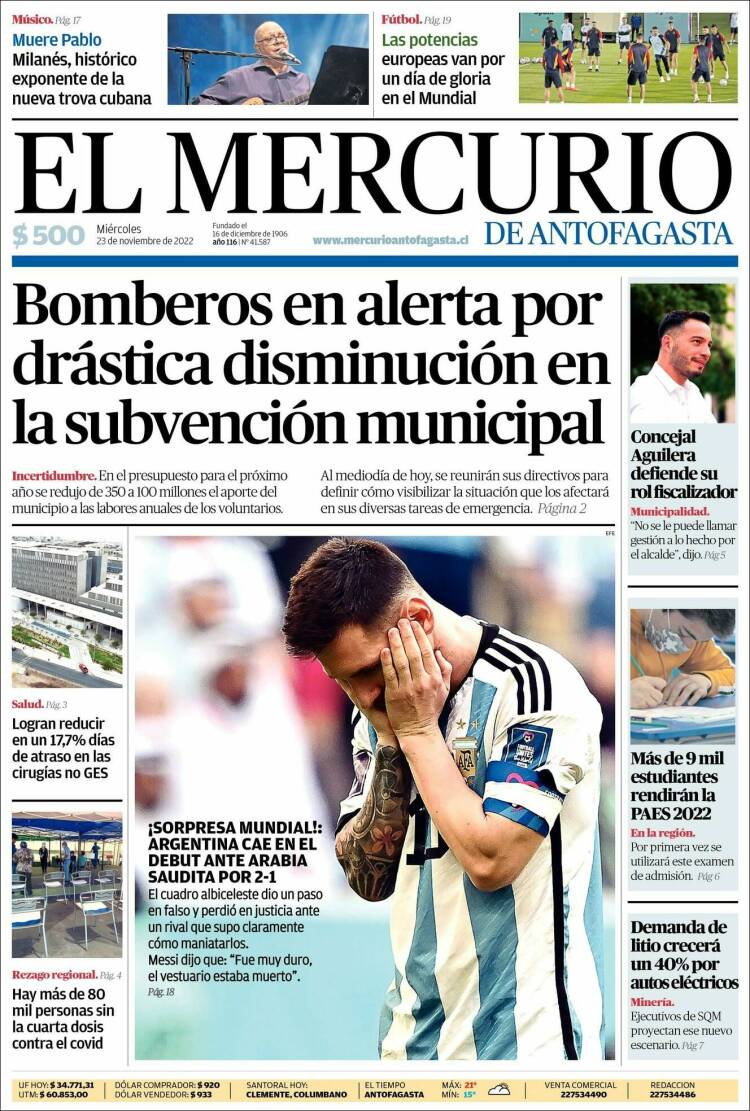 Portada de El Mercurio de Antofagasta (Chile)