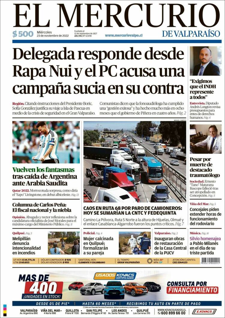 Portada de Mercurio de Valparaiso (Chile)