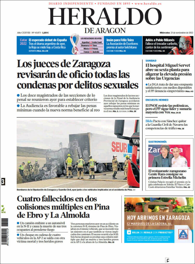 Portada de Heraldo de Aragón (España)