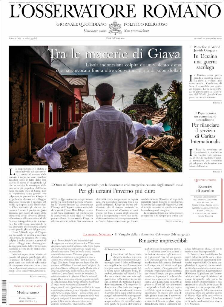 Portada de L'Osservatore Romano (Italie)